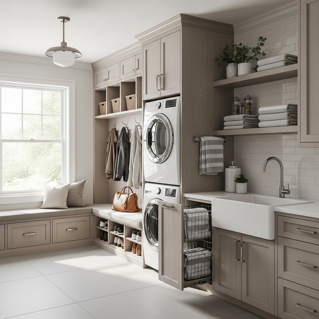 Laundry room and mudroom built-ins with smart storage, shelves, and cabinetry for organized spaces.